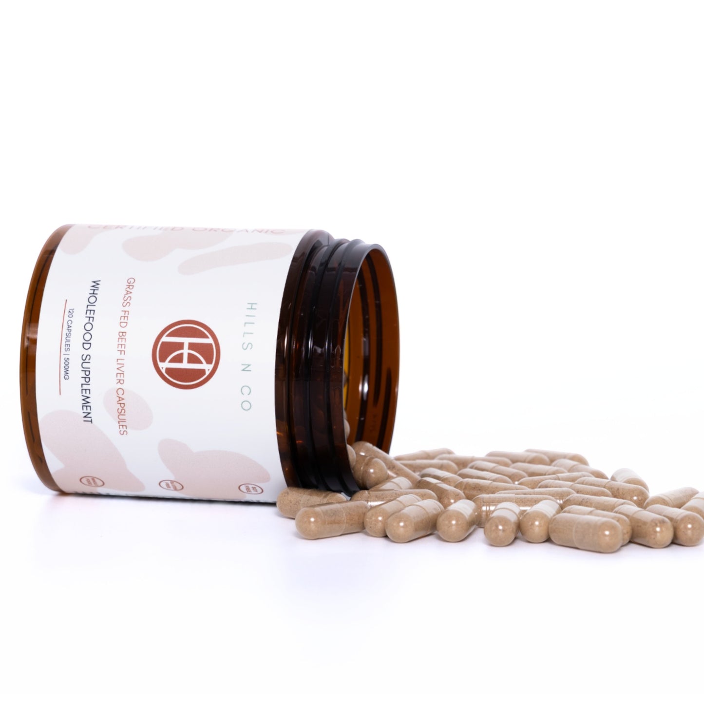 Hills N Co grass-fed beef liver capsules, a wholefood supplement rich in Vitamin A, B12, and iron. 120 capsules.