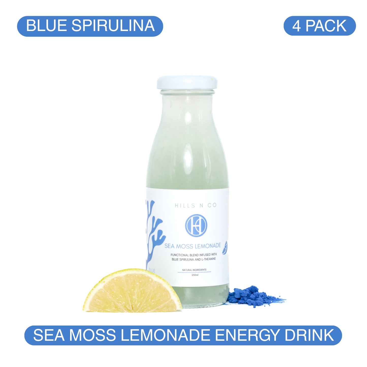 Hills N Co Blue Spirulina Sea Moss Lemonade 4 pack bottle with lemon slice and blue spirulina powder.