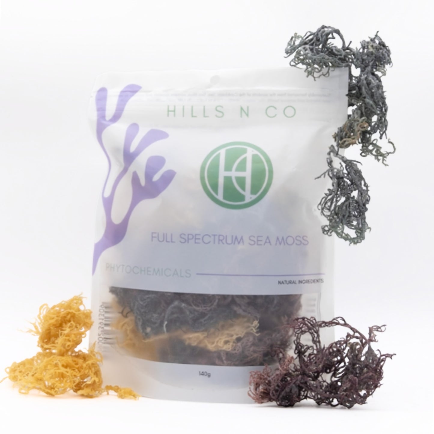 Hills N Co Full Spectrum Sea Moss pouch with loose strands of gold, purple, and dark green sea moss.