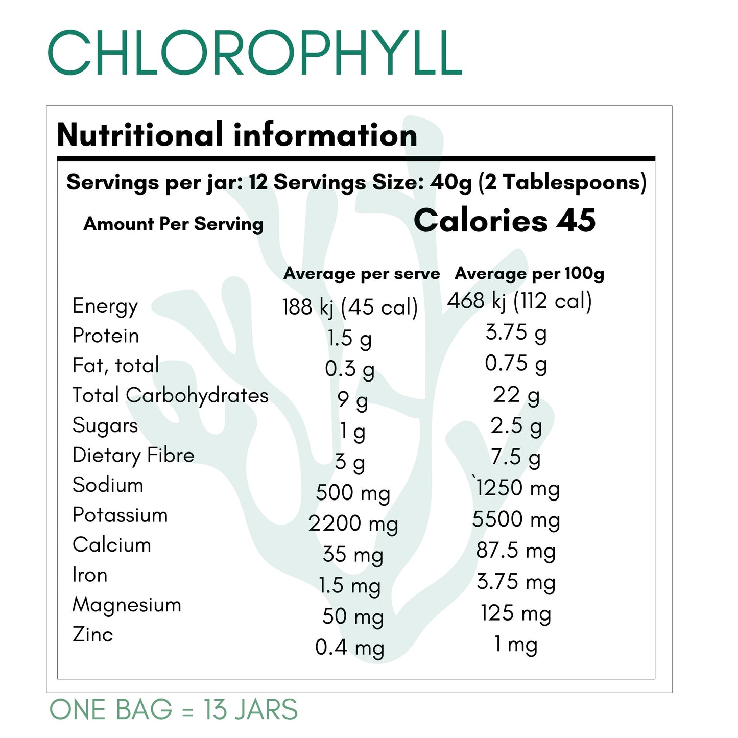 Hills N Co Raw Green Sea Moss nutritional information chart. Shows calories, energy, protein, fat, carbs, sugars, fiber, sodium, potassium, calcium, iron, magnesium, and zinc.