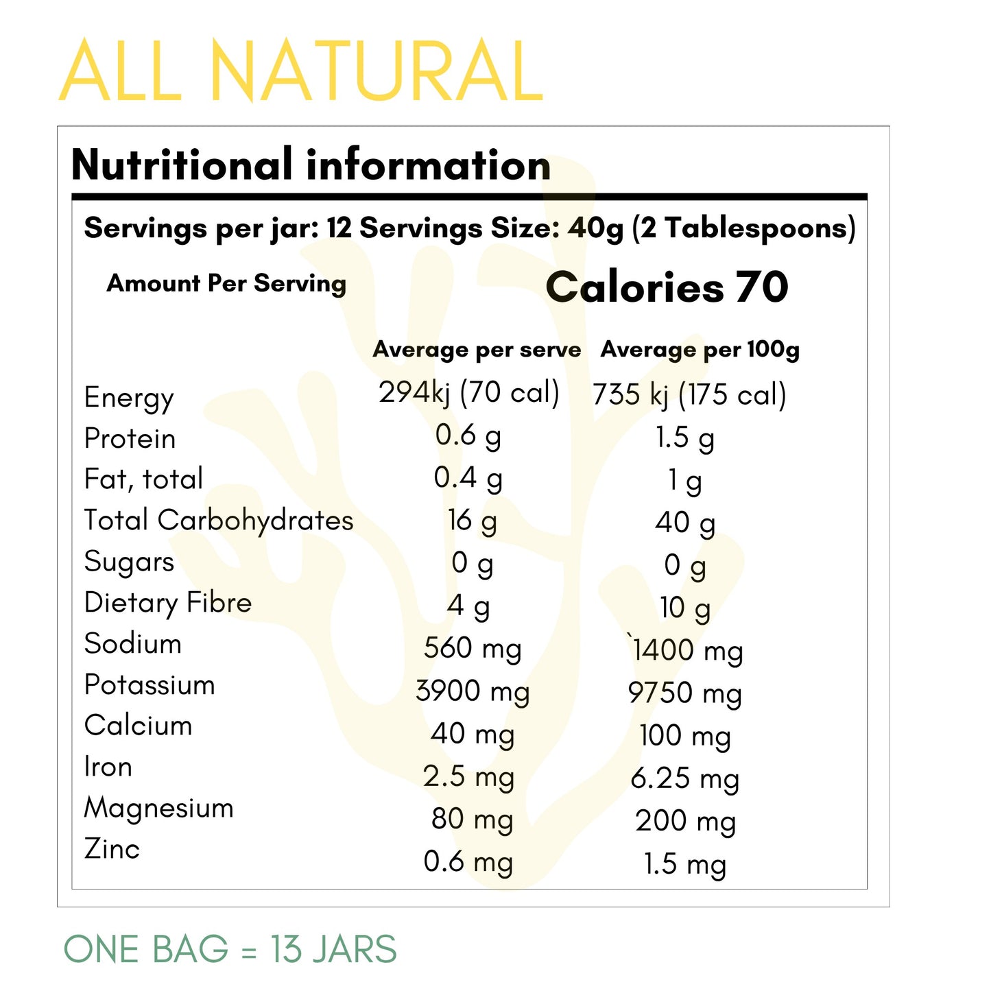 Hills N Co Raw Gold Sea Moss nutritional information chart showing calories, energy, protein, fat, carbohydrates, sugars, dietary fibre, sodium, potassium, calcium, iron, magnesium, and zinc per serving and per 100g.