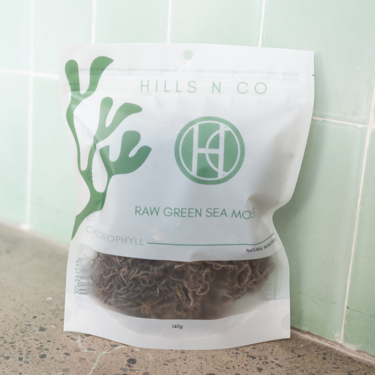 Hills N Co Raw Green Sea Moss pouch with chlorophyll and natural ingredients, 140g.