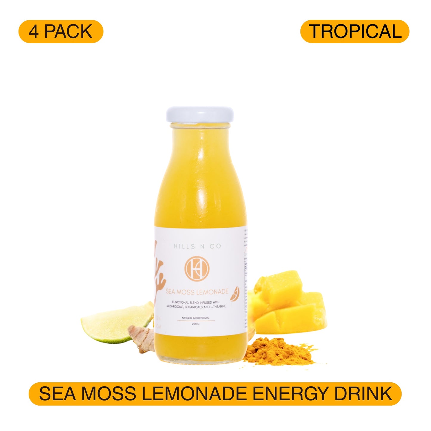Hills N Co Tropical Sea Moss Lemonade Energy Drink, a 4-pack of yellow beverages with mango, lime, and ginger accents.